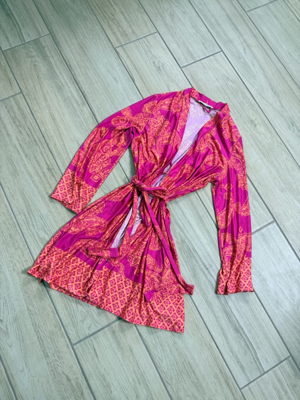 Linea Donatella Pink Orange Paisley Floral Robe Loungewear Wrap Style Size S